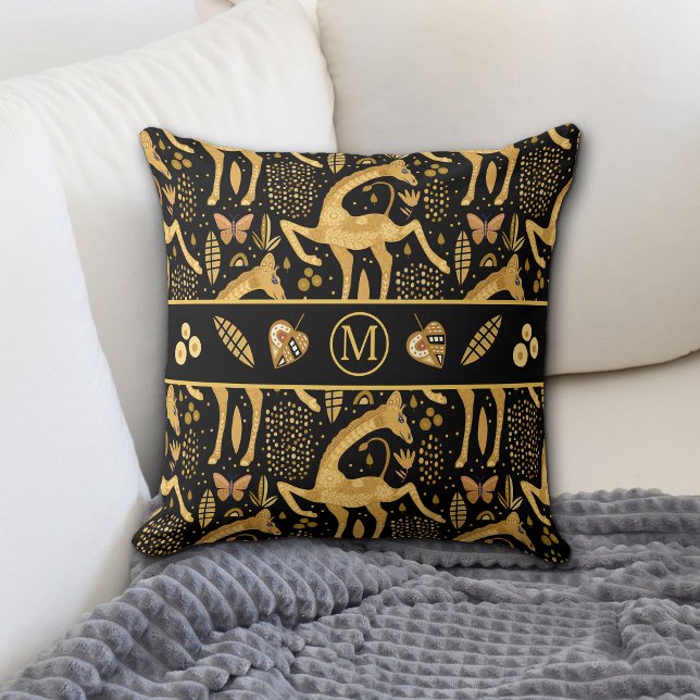 Exotic Black Gold Giraffe Boho Monogram Cushion (Creator Uploaded)