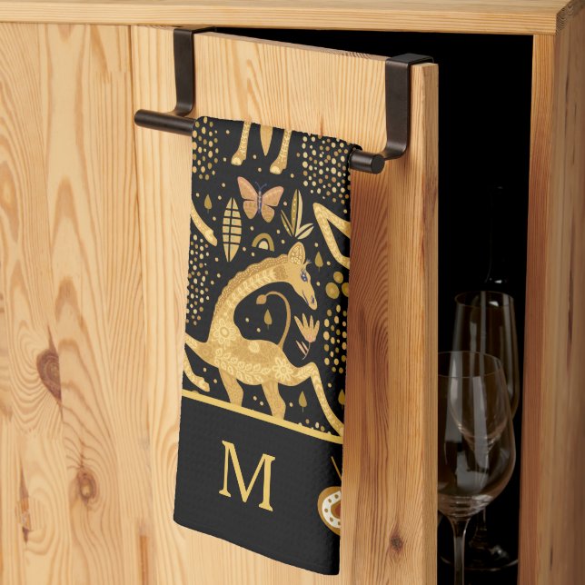 Exotic Black Gold Giraffe Boho Monogram Tea Towel (Thirds Fold)