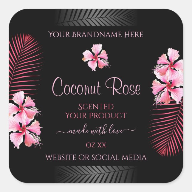 Exotic Black Product Labels Pink Hawaii Flowers (Front)