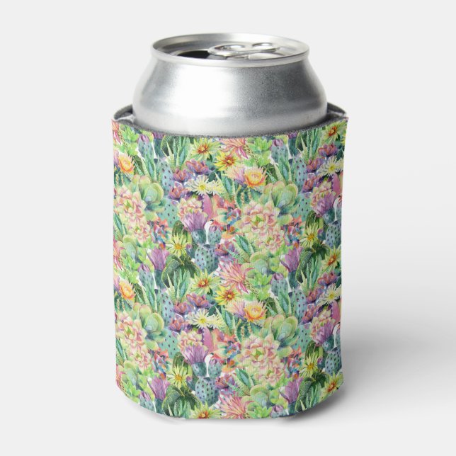 Exotic Blooming Watercolor Cacti Pattern Can Cooler (Can Front)