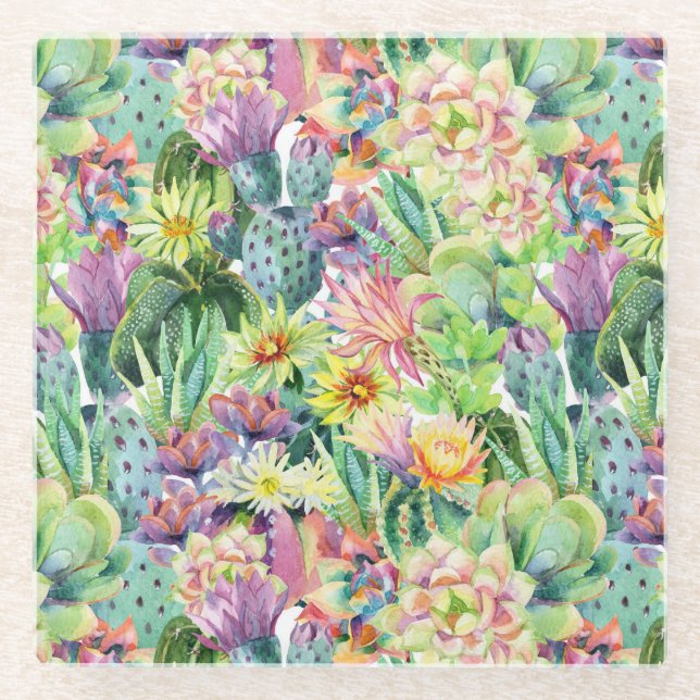 Exotic Blooming Watercolor Cacti Pattern Glass Coaster (Front)