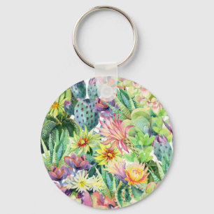 Exotic Blooming Watercolor Cacti Pattern Key Ring