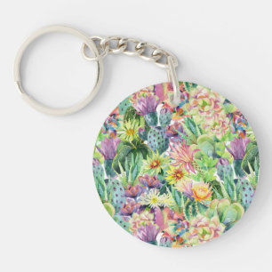 Exotic Blooming Watercolor Cacti Pattern Key Ring