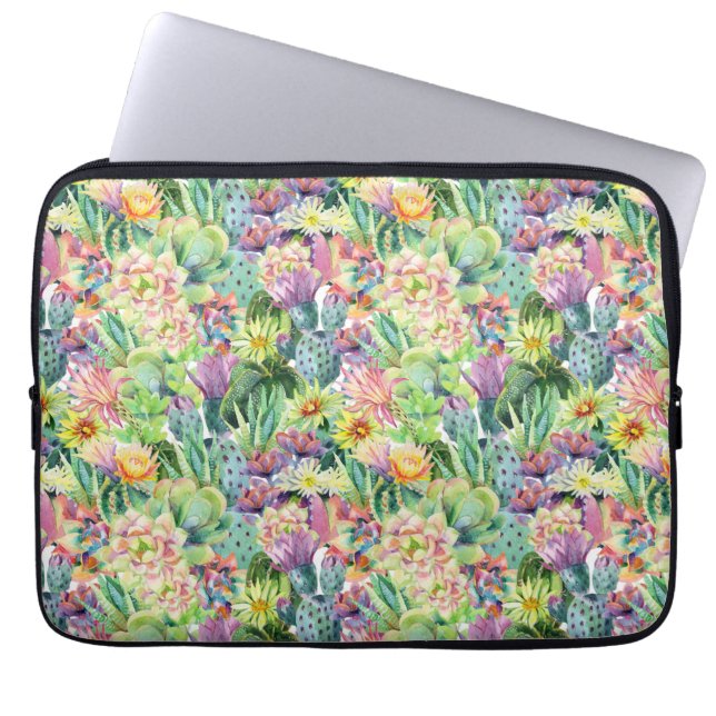 Exotic Blooming Watercolor Cacti Pattern Laptop Sleeve (Front)
