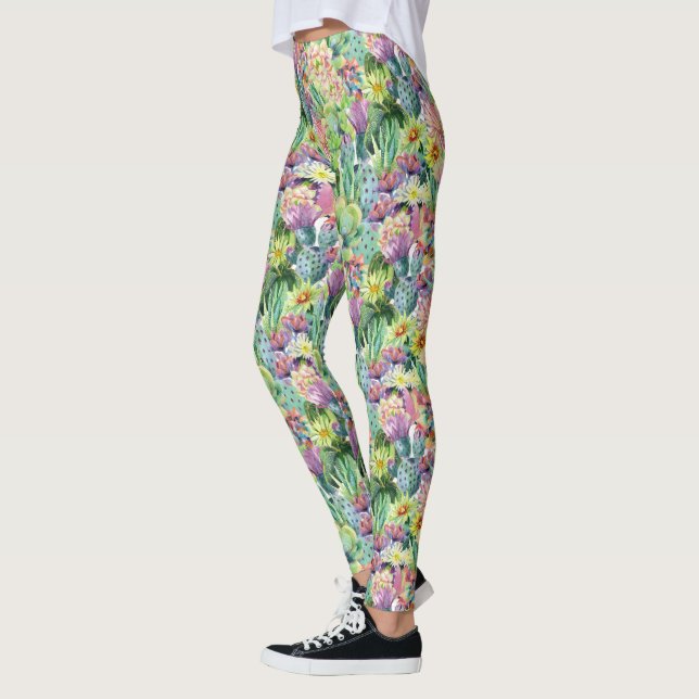 Exotic Blooming Watercolor Cacti Pattern Leggings (Left)