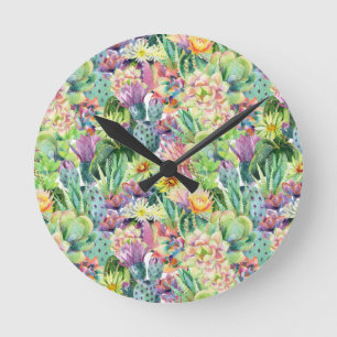 Exotic Blooming Watercolor Cacti Pattern Round Clock