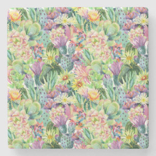 Exotic Blooming Watercolor Cacti Pattern Stone Coaster
