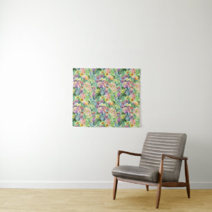 Exotic Blooming Watercolor Cacti Pattern Tapestry