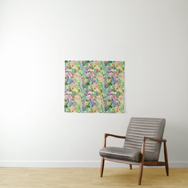 Exotic Blooming Watercolor Cacti Pattern Tapestry (In Situ (Horizontal))