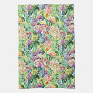 Exotic Blooming Watercolor Cacti Pattern Tea Towel