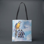 Exotic Blue Dream Catcher Tote Bag<br><div class="desc">A dream catcher that includes the round circle of bamboo and red beads in the web with blue exotic-parrot bird tone feathers on a soft blues feather background for a bridesmaids gift</div>