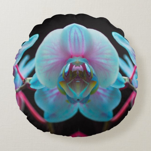 Exotic Blue Orchid Reflection Round Cushion (Front)