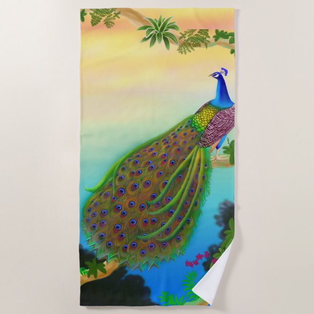Exotic Blue Peacock Beach Towel (Front)