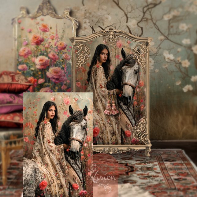 Exotic Boho Girl on a horse Floral Folk Art Tissue Paper (Boho Girl on a Horse, Exotic Folk Art, Floral Field, Decoupage Tissue Paper)