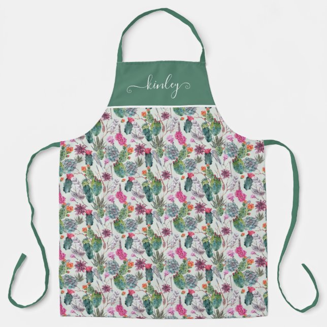 Exotic Boho Watercolor Cactus & Succulent Pattern Apron (Front)