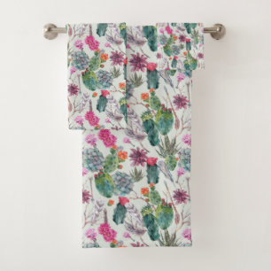 Exotic Boho Watercolor Cactus & Succulent Pattern Bath Towel Set