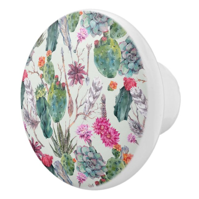 Exotic Boho Watercolor Cactus & Succulent Pattern Ceramic Knob (Right)