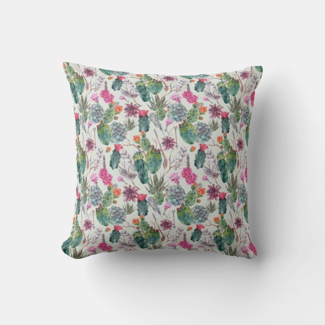 Exotic Boho Watercolor Cactus & Succulent Pattern Cushion (Front)