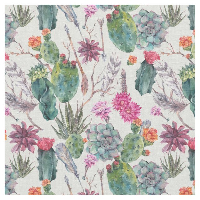 Exotic Boho Watercolor Cactus & Succulent Pattern Fabric (Close Up)