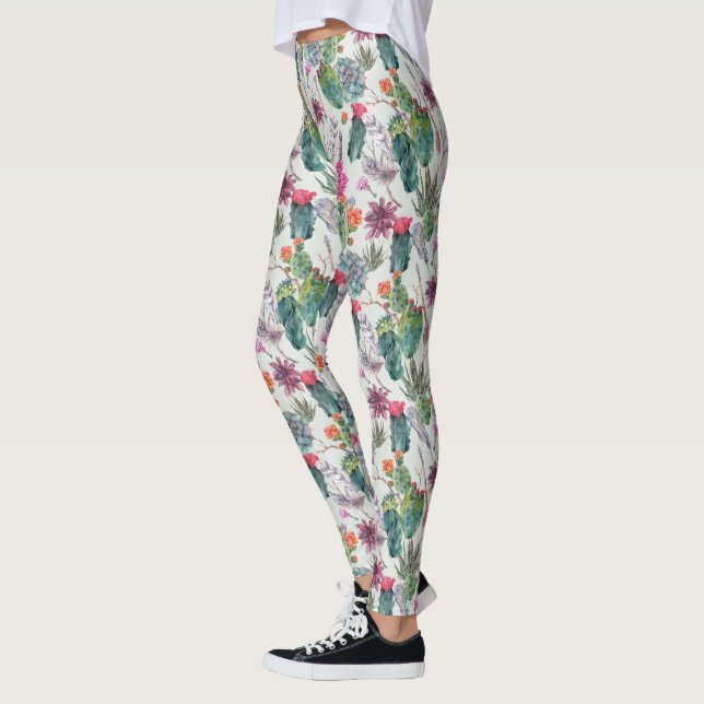 Exotic Boho Watercolor Cactus & Succulent Pattern Leggings (Left)