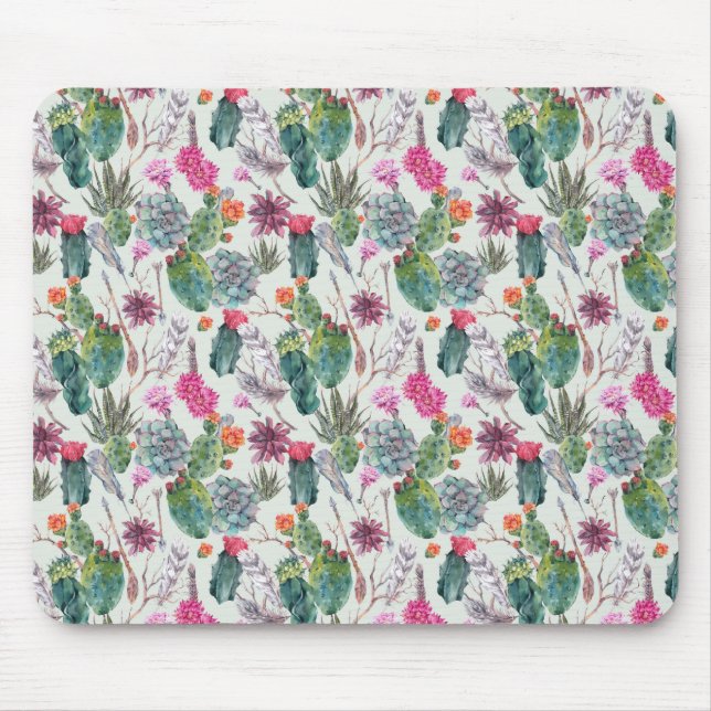 Exotic Boho Watercolor Cactus & Succulent Pattern Mouse Pad (Front)