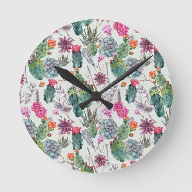 Exotic Boho Watercolor Cactus & Succulent Pattern Round Clock (Front)