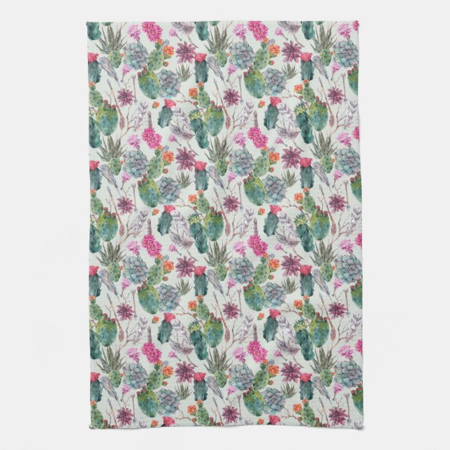 Exotic Boho Watercolor Cactus & Succulent Pattern Tea Towel (Vertical)