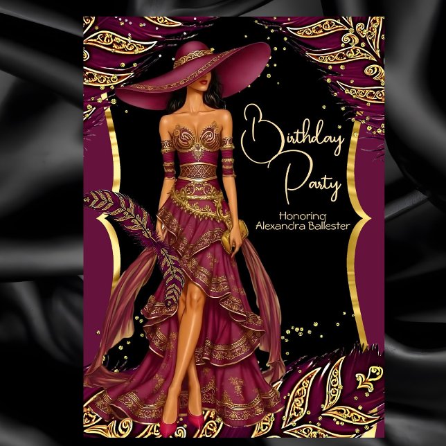 Exotic Burgundy Dress Gold Feather Birthday Party Invitation (Creator Uploaded)