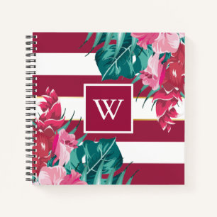 Exotic burgundy Floral Monogram striped Notebook