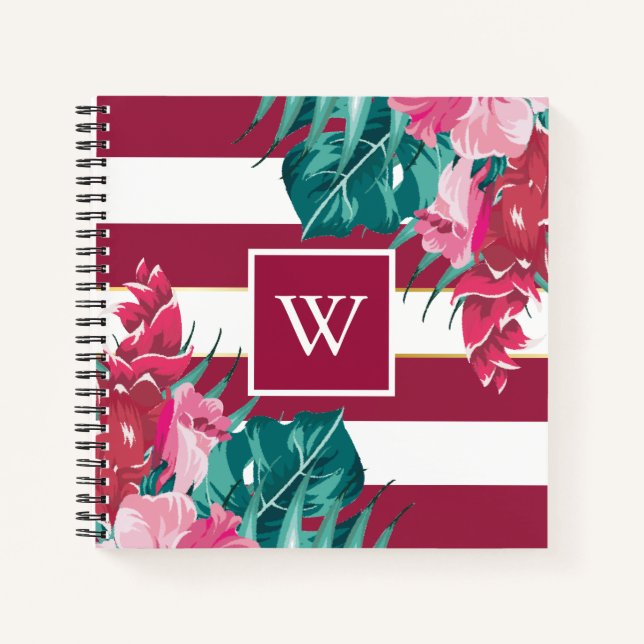 Exotic burgundy Floral Monogram striped Notebook (Front)