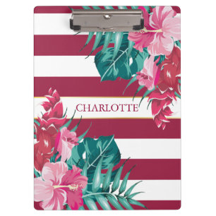 Exotic burgundy Monogram Floral striped Clipboard