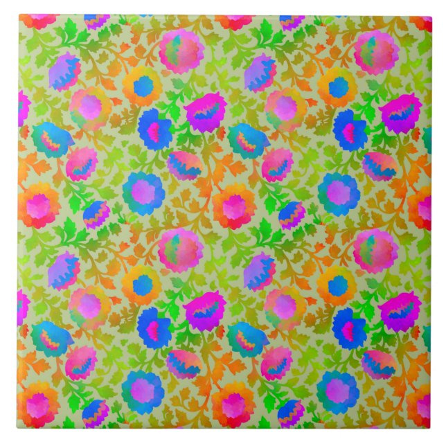Exotic Chintz Floral Hint of Green Ceramic Tile (Front)