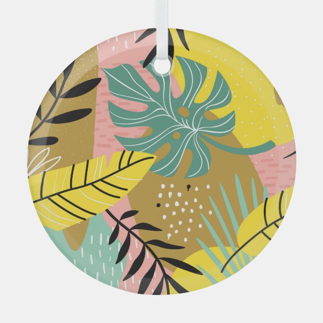 Exotic Collage: Tropical Plants Pattern Glass Tree Decoration (Front)