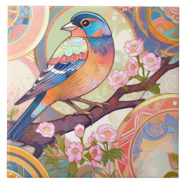 Exotic Colourful Bird Cherry Blossom Flower Floral Ceramic Tile (Front)