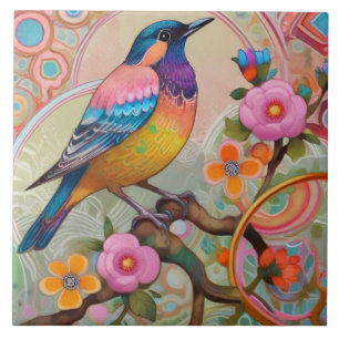 Exotic Colourful Fantasy Bird Pastel Pink Floral Ceramic Tile