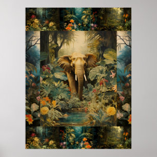 Exotic Colourful Forest Elephant Art Collage Poster