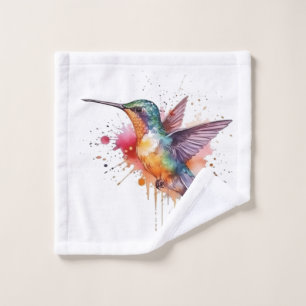 exotic colourful hummingbird in watercolor wash cloth
