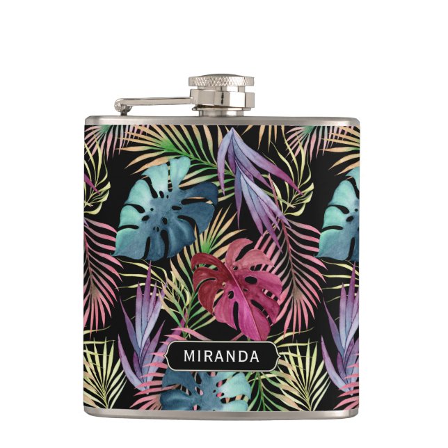 Exotic Colourful Jungle Pattern with Name Hip Flask (Front)