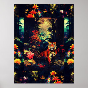 Exotic Colourful Tiger In Forest Art Collage Poster