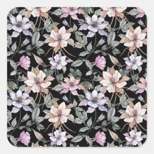 Exotic Columbine: Black Floral Watercolor. Square Sticker