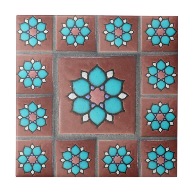 Exotic Copper & Aqua Flower Design Ceramic Tile (Front)