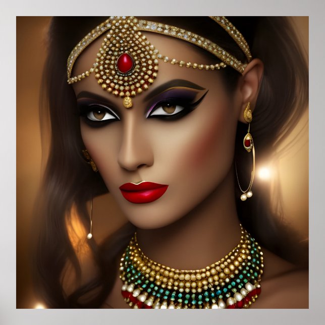 Exotic Egyptian jewels women gold red headpiece  Poster (Front)