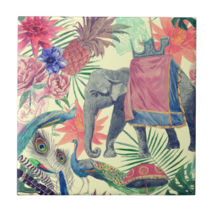 Exotic Elephant Peacock Pretty Ceramic Tile