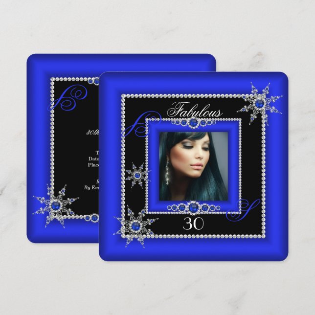 Exotic Fabulous Royal Blue Silver Snowflake Photo Invitation (Front/Back)