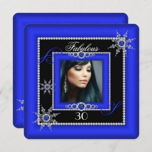 Exotic Fabulous Royal Blue Silver Snowflake Photo Invitation