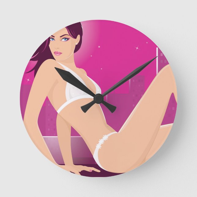 Exotic Female Model Wearing a White Bikini Round Clock (Front)