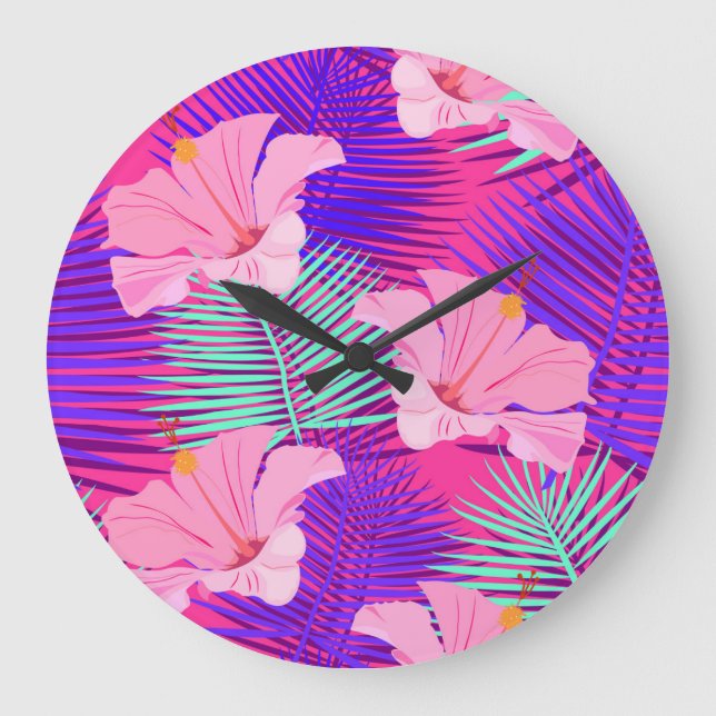 Exotic Flamingos: Tropical Pink Vintage. Large Clock (Front)