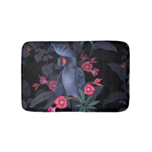 Exotic Floral Black Parrot: Tropical Nature Bath Mat