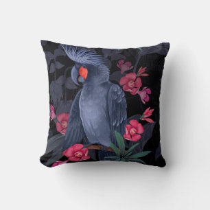 Exotic Floral Black Parrot: Tropical Nature Cushion