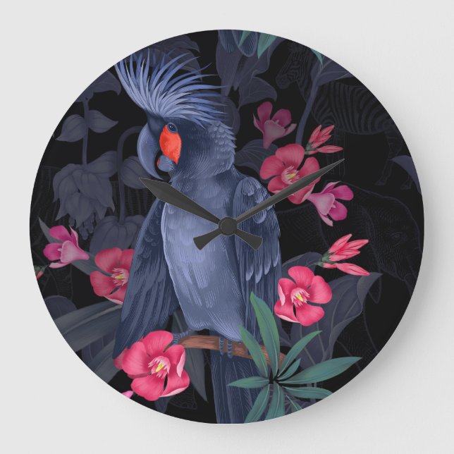 Exotic Floral Black Parrot: Tropical Nature Large Clock (Front)